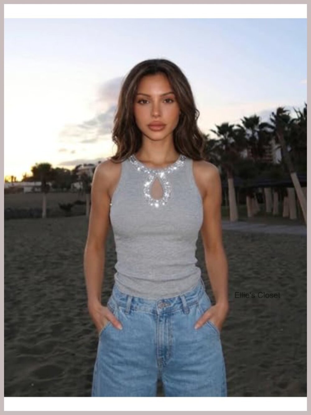 Women's Rhinestone Sequin Keyhole Tank Top Ribbed Stretch - Picture 3 of 6